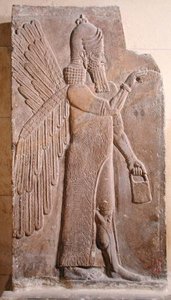 Relief, das einen geflügelten Genie darstellt, aus dem Palast von Sargon II in Khorsabad, Irak